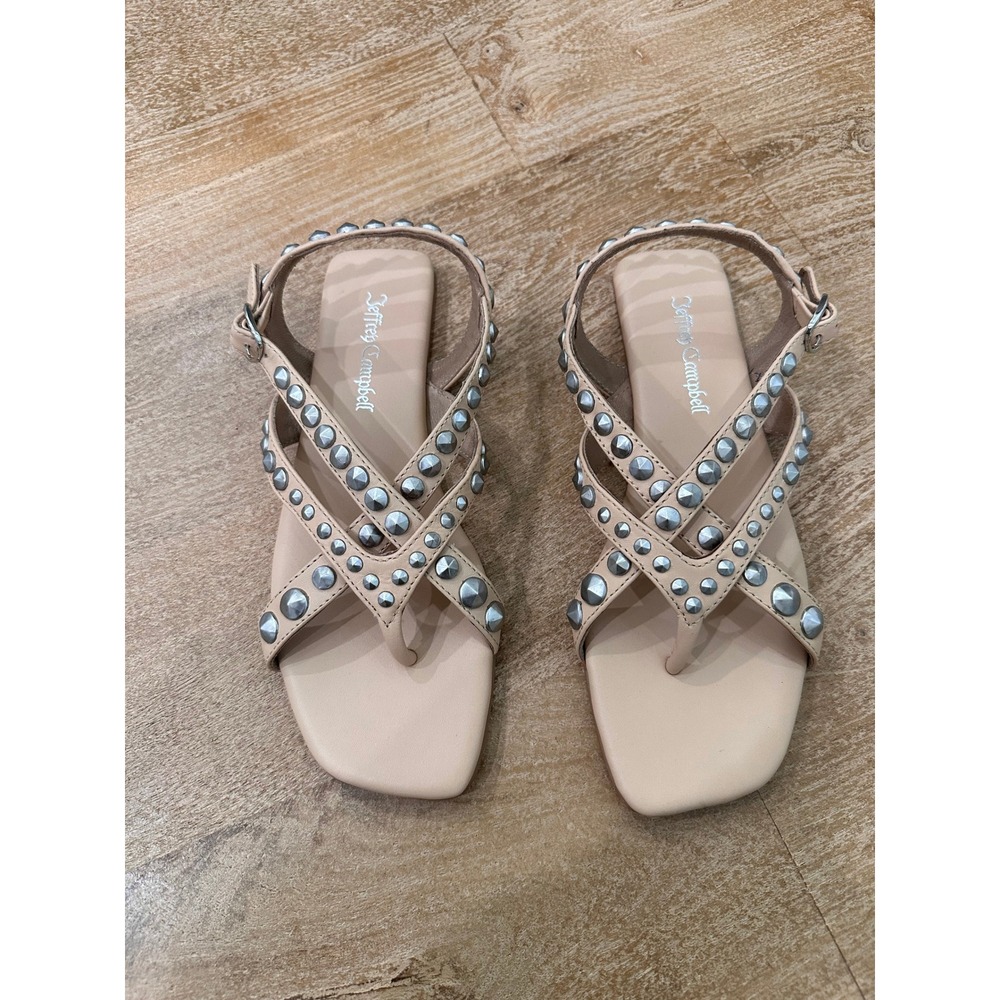Jeffrey Campbell Nude Leather Studded Flat Sandals Square Toe Beige Womens 7 38